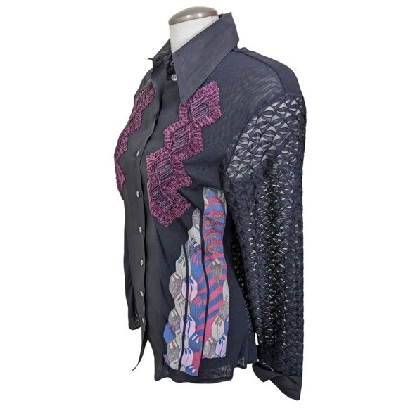 Save The Queen Womens Button Up Shirt Blouse Top Large Black Artsy Avant Garde - Picture 5 of 11